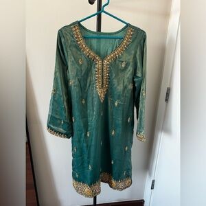 3-Piece, Womens, Embroidered Green Shalwar Kameez w/ Gold & Yellow/Pink Accents